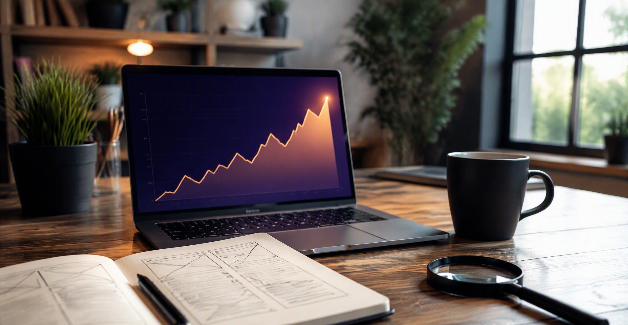 SEO friendly website design workspace showing a rising Google rankings graph