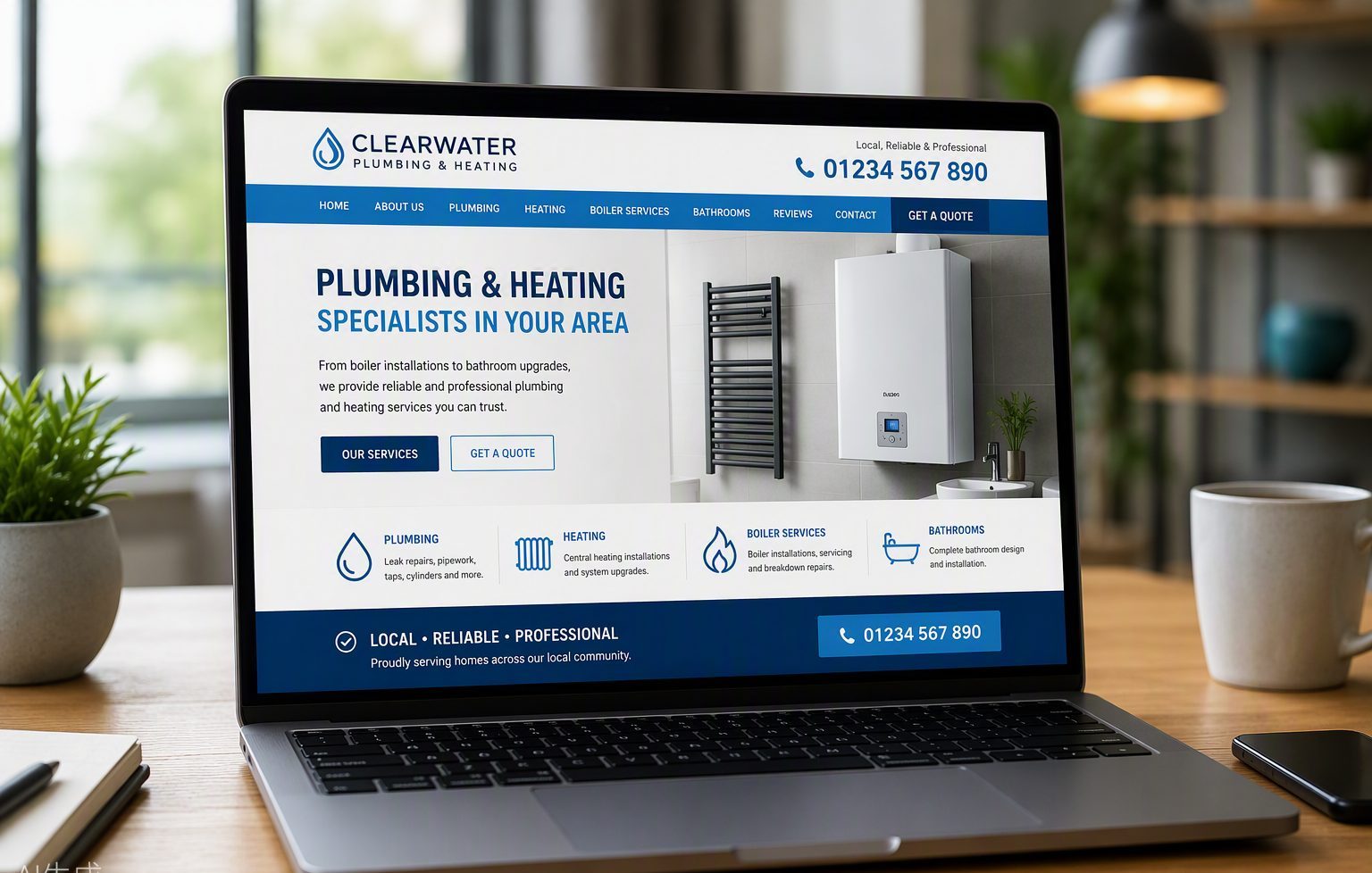 SEO friendly website design for a local trades business shown on a laptop